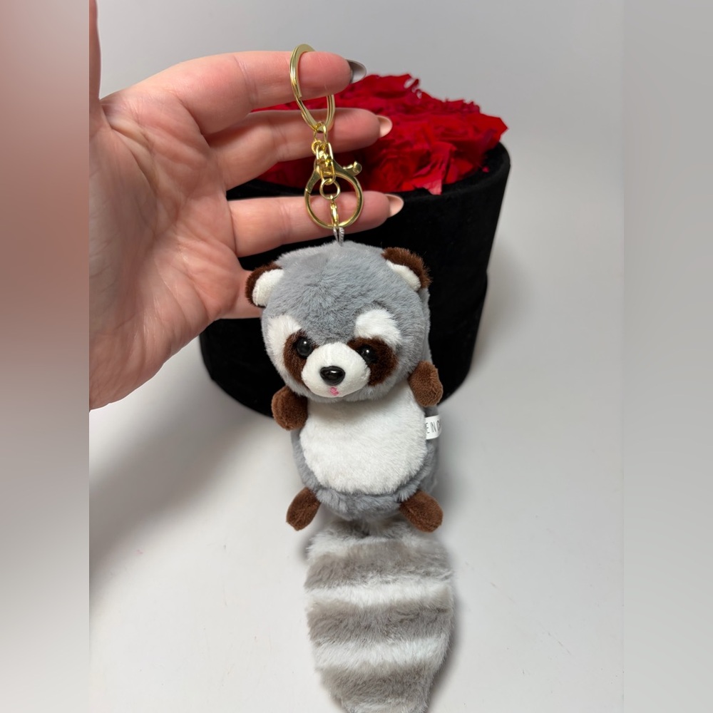Plush Raccoon Bag Charm Keychain – Gray Faux Fur Tail Cute